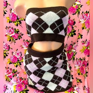 Harlequin preppy skirt knit sweater brown pink set fitted tube top argyle